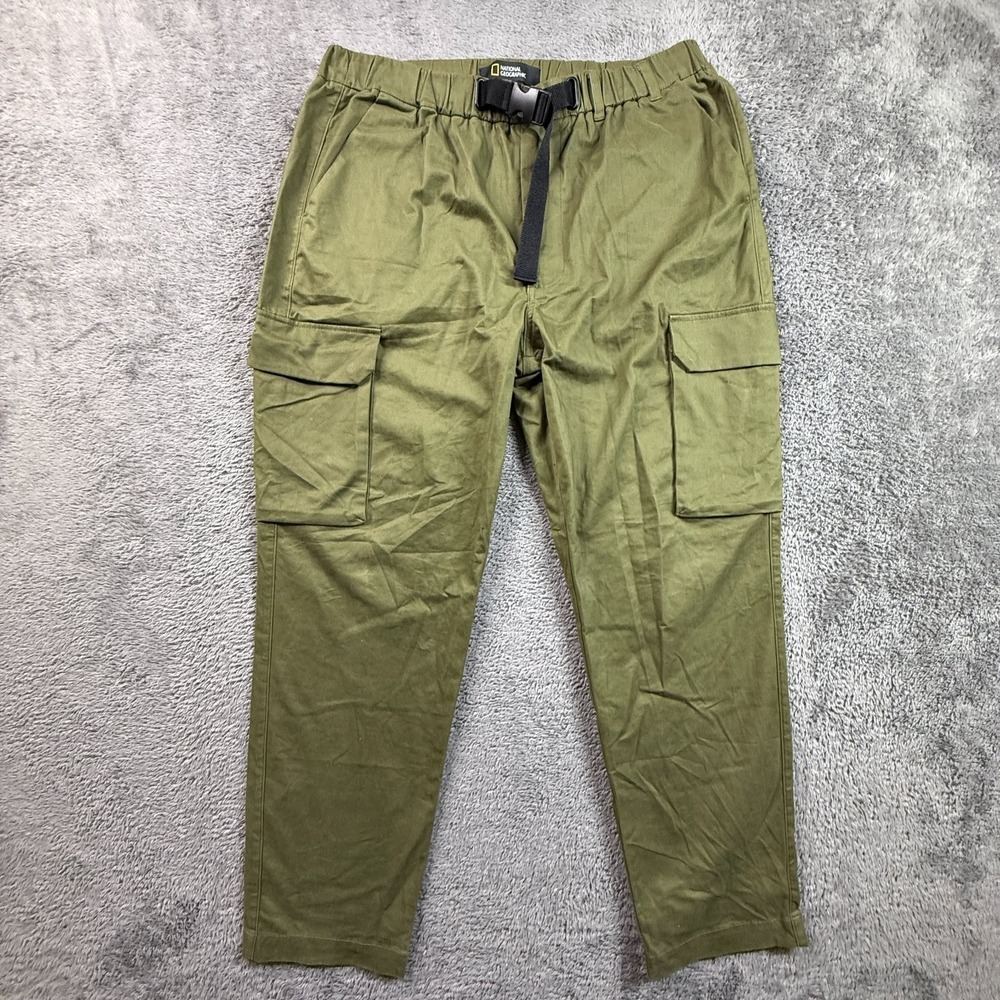 National Geographic Mens M Green Cargo Hiking Pants Belted Outdoor Cotton